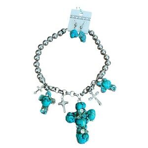 3 Piece Costume Jewelry Silver Turquoise Cross Set